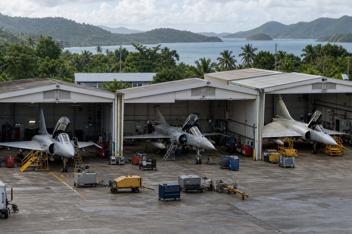 島の航空基地に複数系統の戦闘機が並ぶ様子を描いた編集用イメージ
