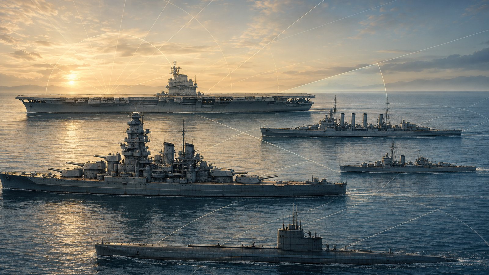 戦艦・空母・巡洋艦・駆逐艦・潜水艦を並べた艦種横断比較ビジュアル