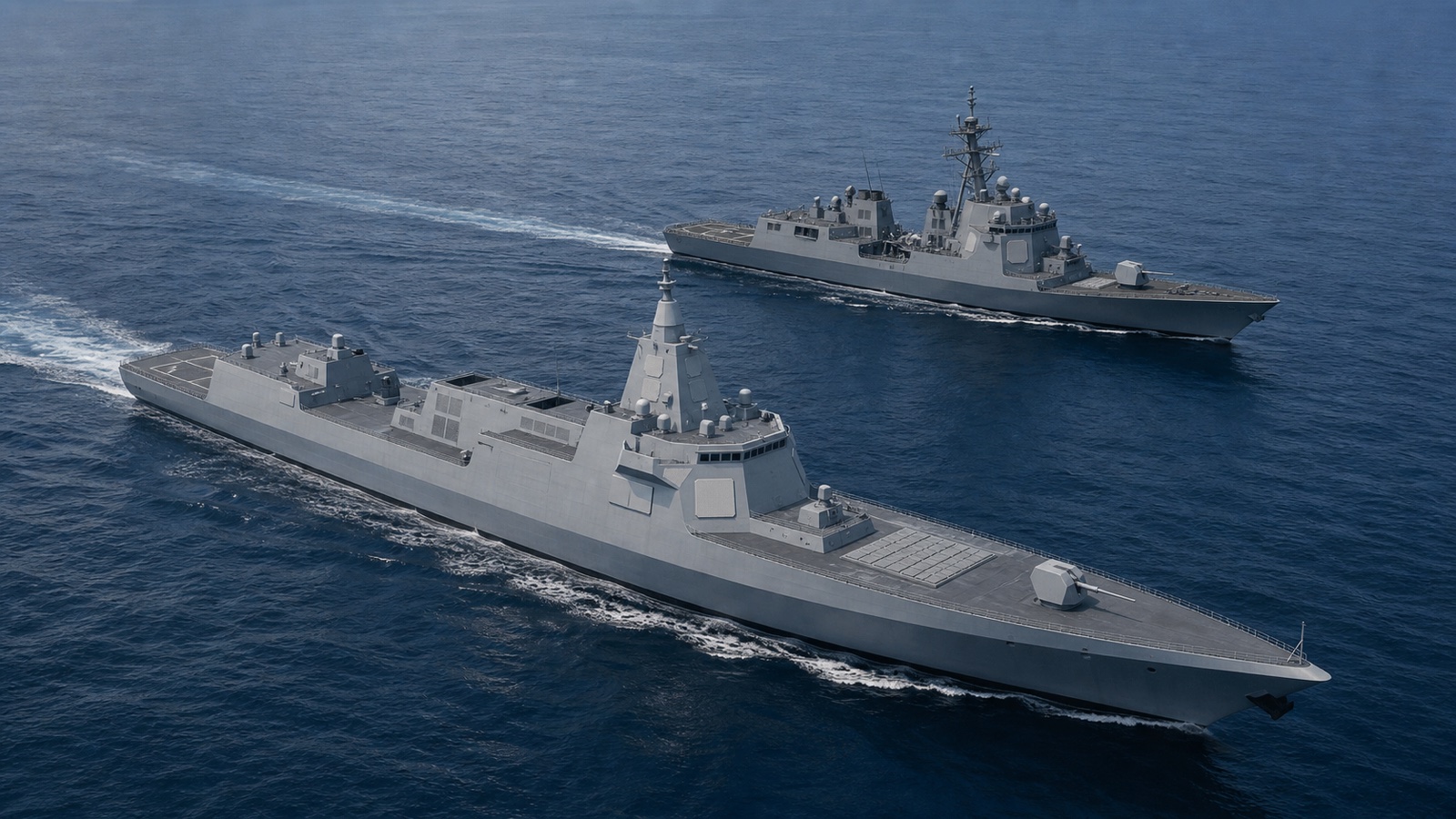 大型ミサイル駆逐艦と海自イージス護衛艦の船体規模を並べた比較ビジュアル