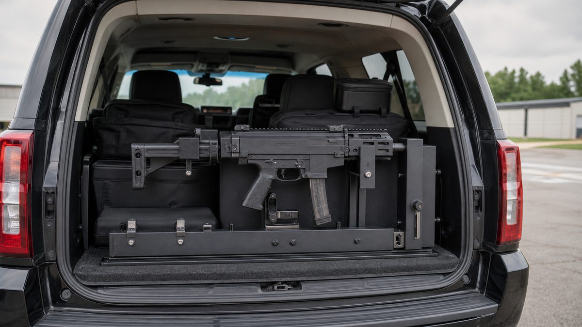 車両内の施錠ラックに収めたコンパクトな短機関銃