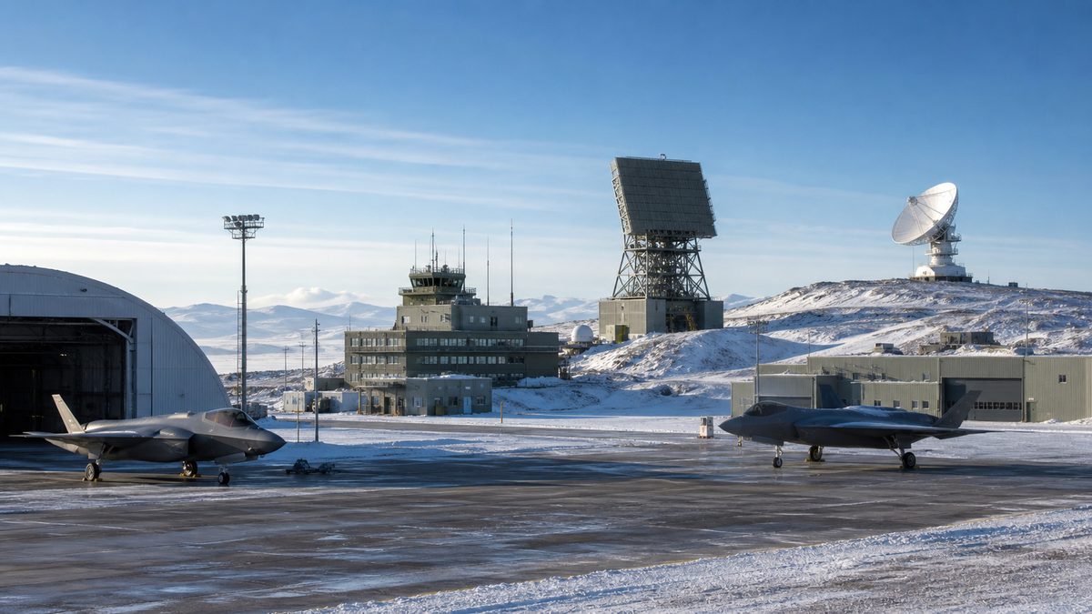 戦闘機・防空レーダー・宇宙監視設備を備えた航空基地を描いた編集用イメージ