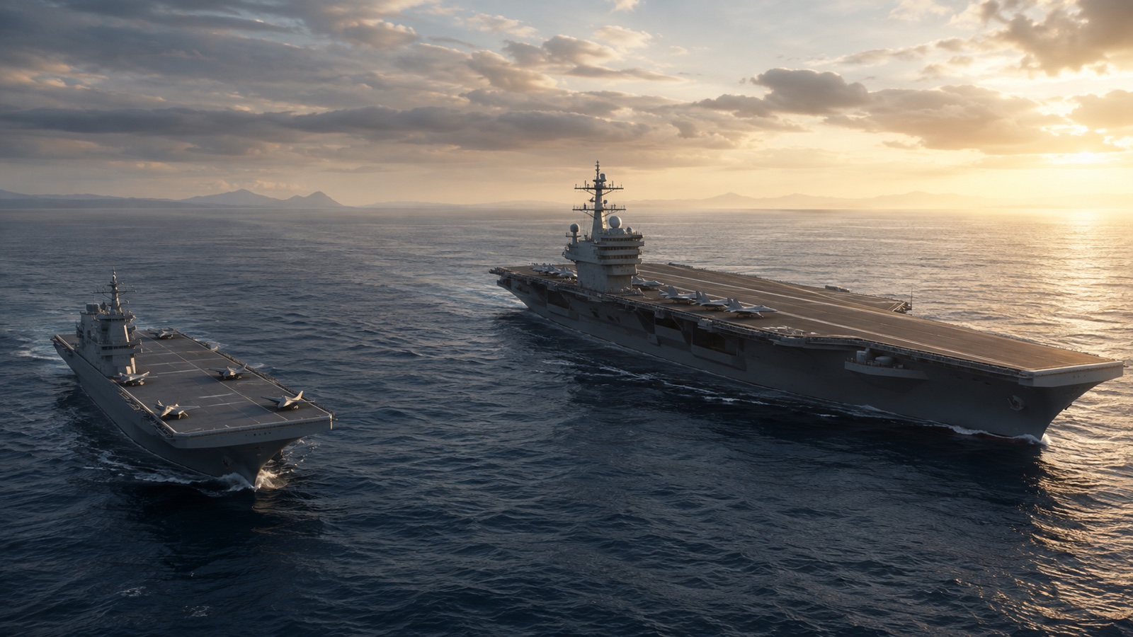 大型空母とF-35B運用を想定する小型フラットトップ艦の比較ビジュアル