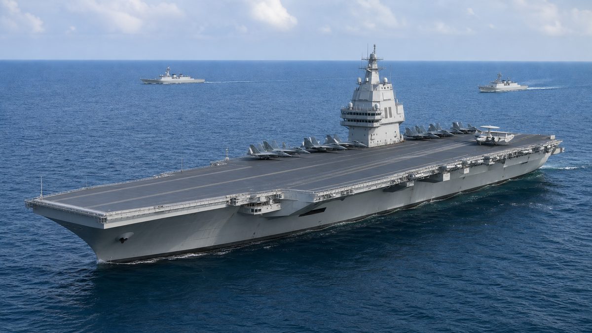 電磁カタパルトを備える現代空母と護衛艦隊を描いた編集用イメージ