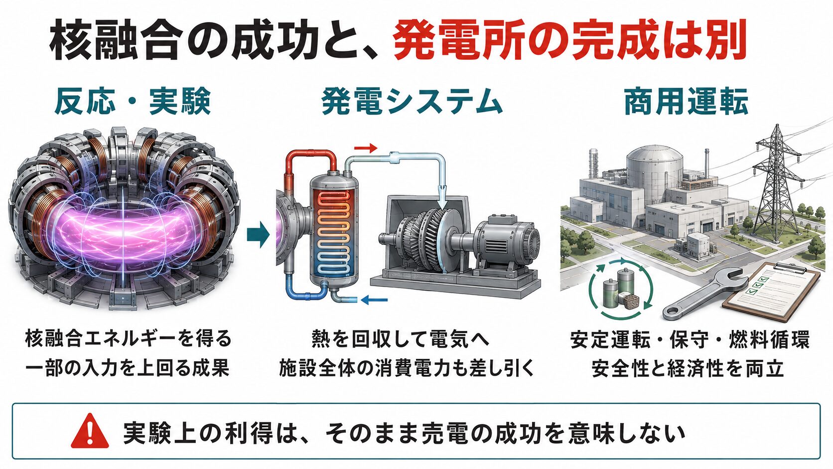 反応実験、発電システム、商用運転の違いを示す概念図