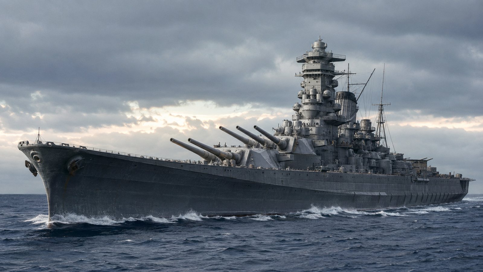 46cm三連装砲を備えて航行する大和型戦艦を表現した歴史ビジュアル