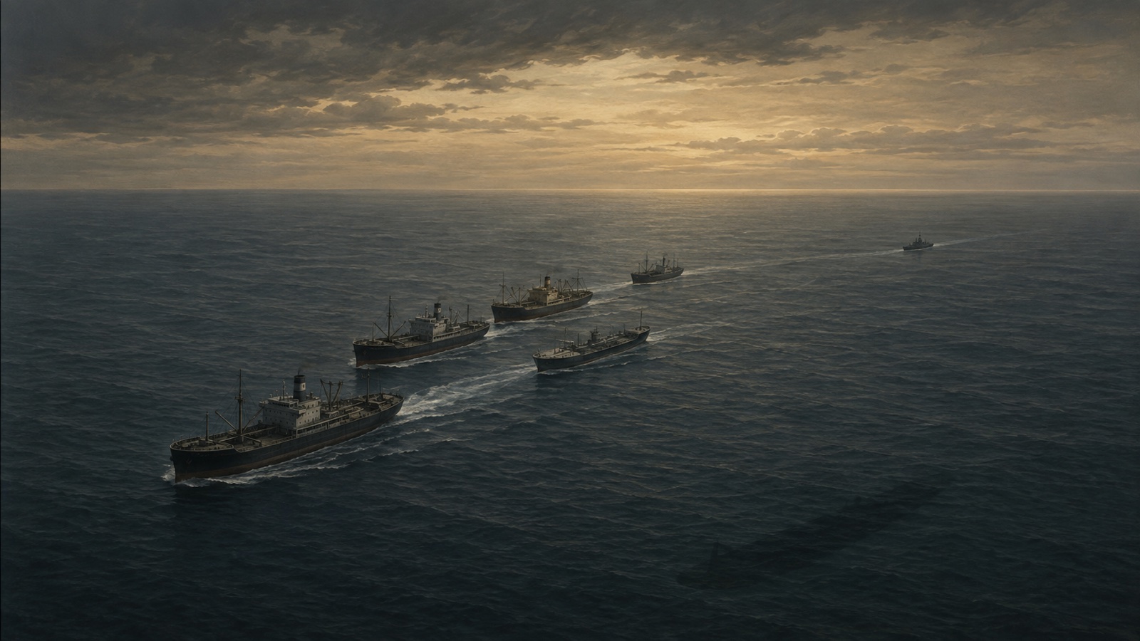 広い海域を少数の護衛で進む1940年代の商船船団を描いたビジュアル