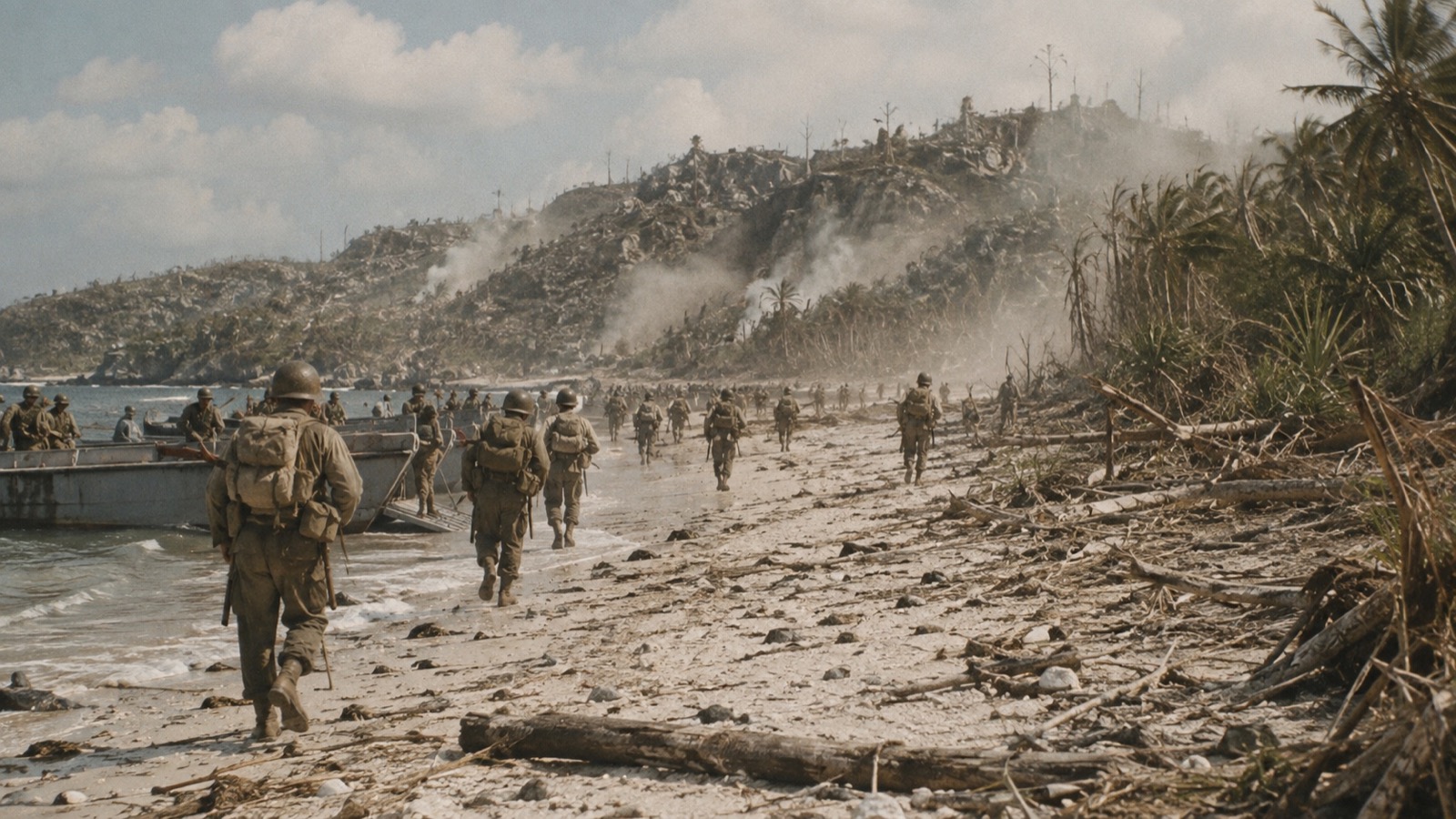 1944年9月15日にペリリュー島西岸へ上陸する米海兵隊を表現した歴史ビジュアル