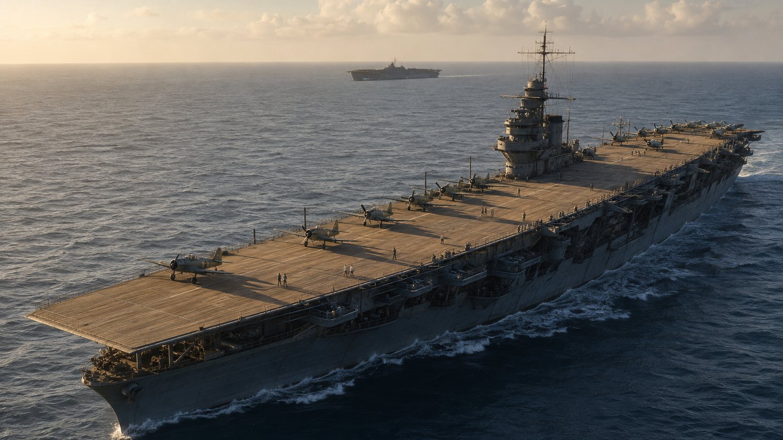 飛行甲板に艦載機を並べて航行する翔鶴型航空母艦を表現した歴史ビジュアル