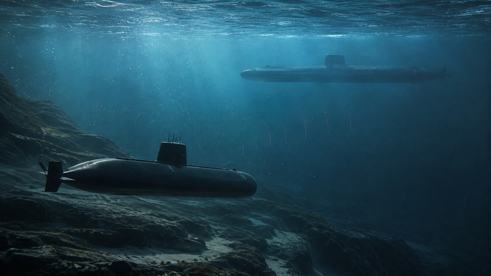 沿岸域の通常動力潜水艦と遠洋型原子力潜水艦を描いた比較ビジュアル