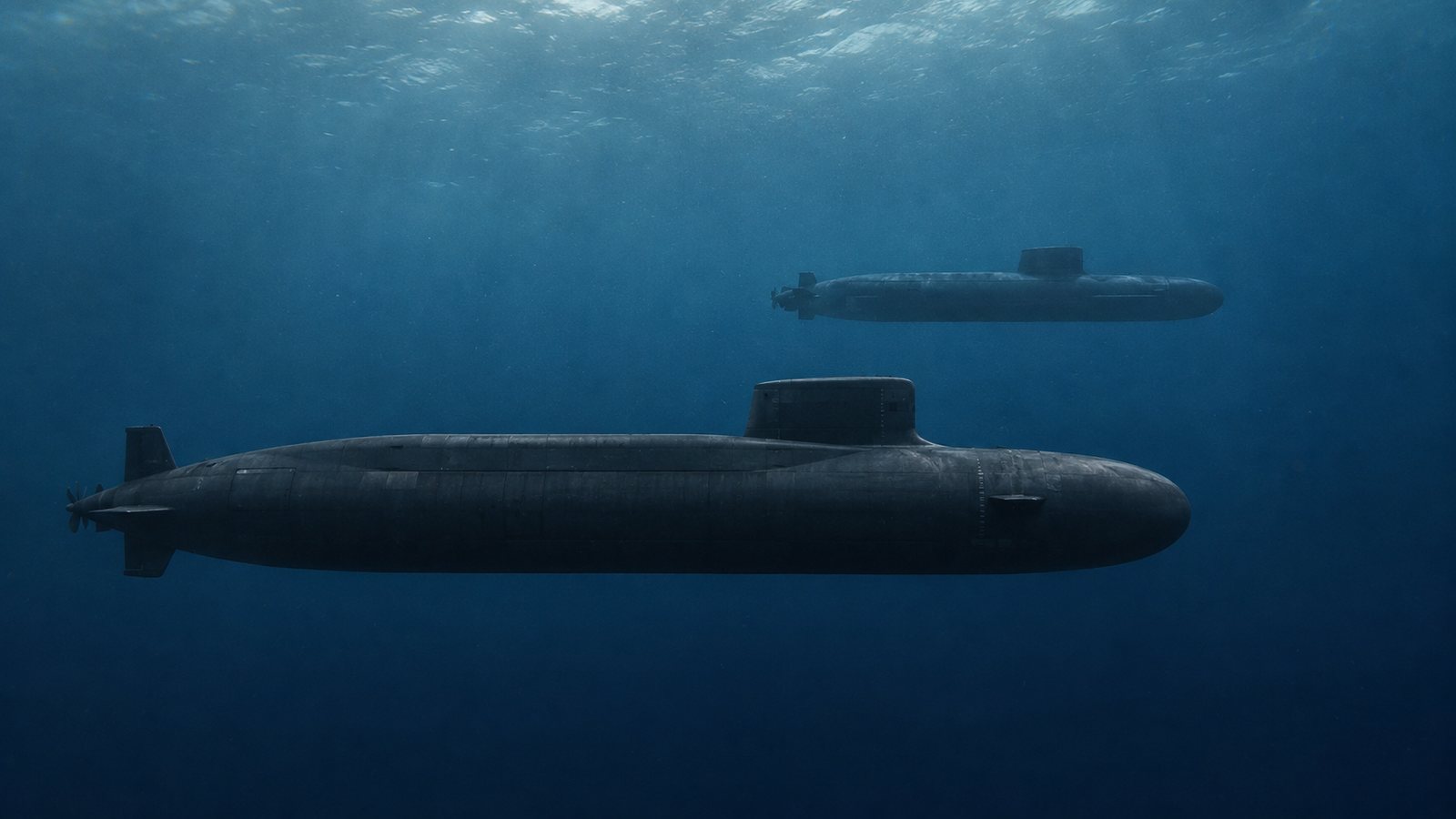 外洋を航行する米中の現代原子力潜水艦を静粛な水中で対比したビジュアル