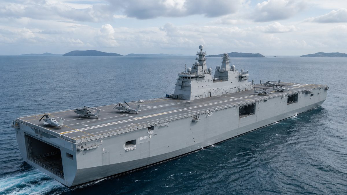 全通飛行甲板とウェルドックを持つ大型強襲揚陸艦を描いた編集用イメージ