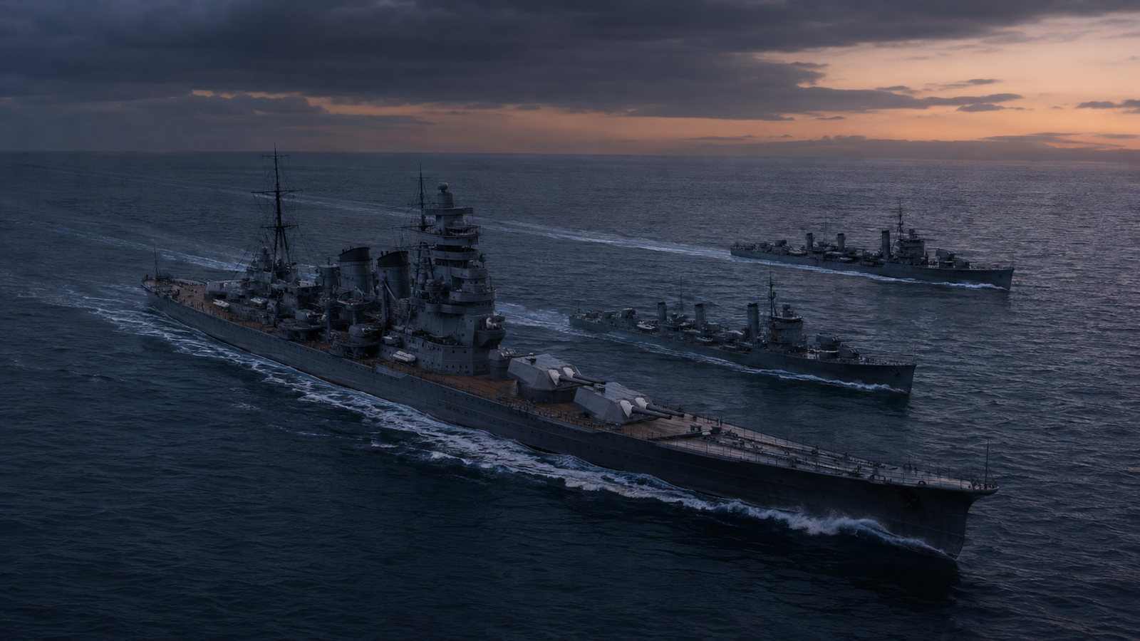 高雄型重巡洋艦と秋月型駆逐艦を想起させる水上艦隊の歴史ビジュアル