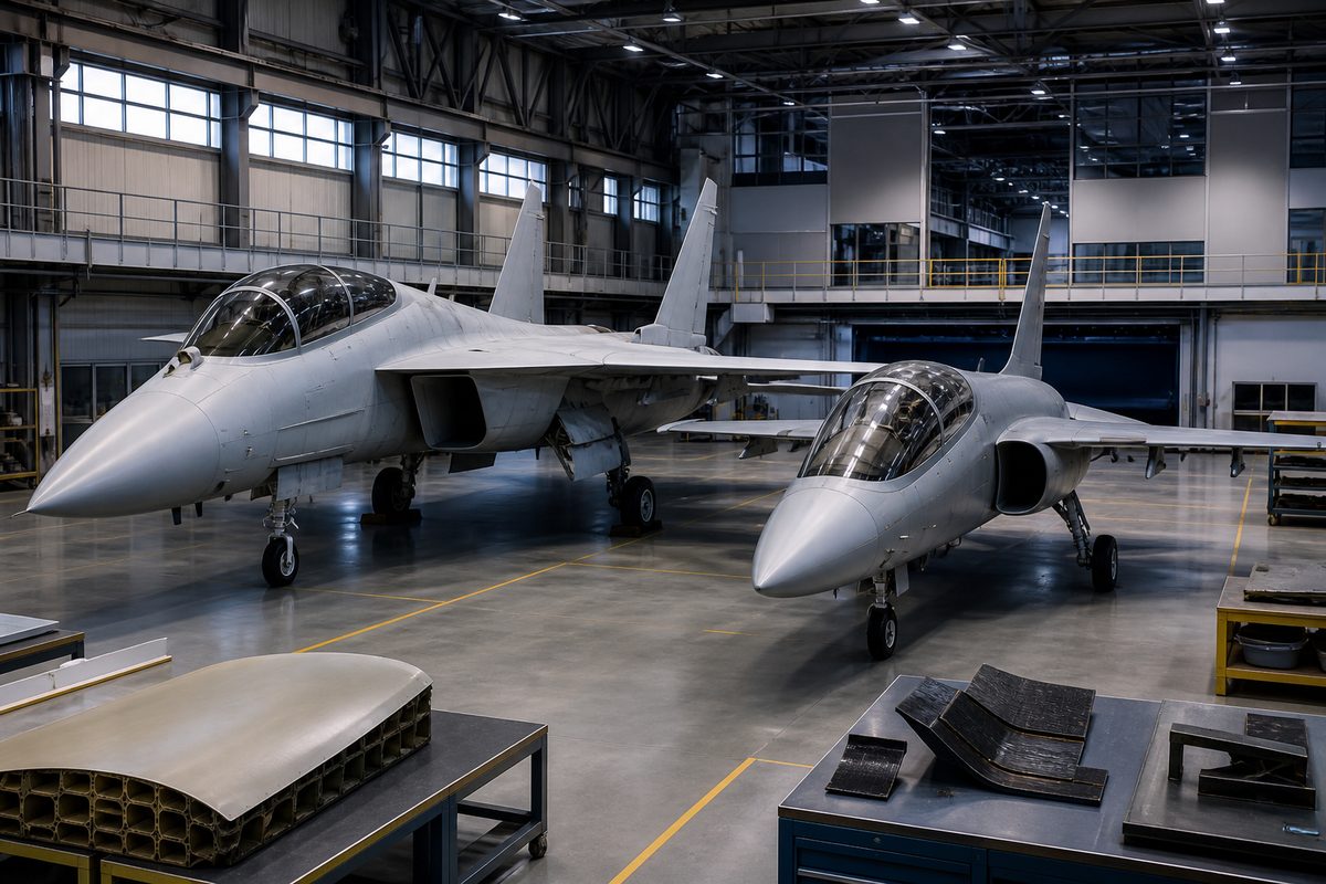 国産の小型双発戦闘機と高等練習機を描いた編集用イメージ