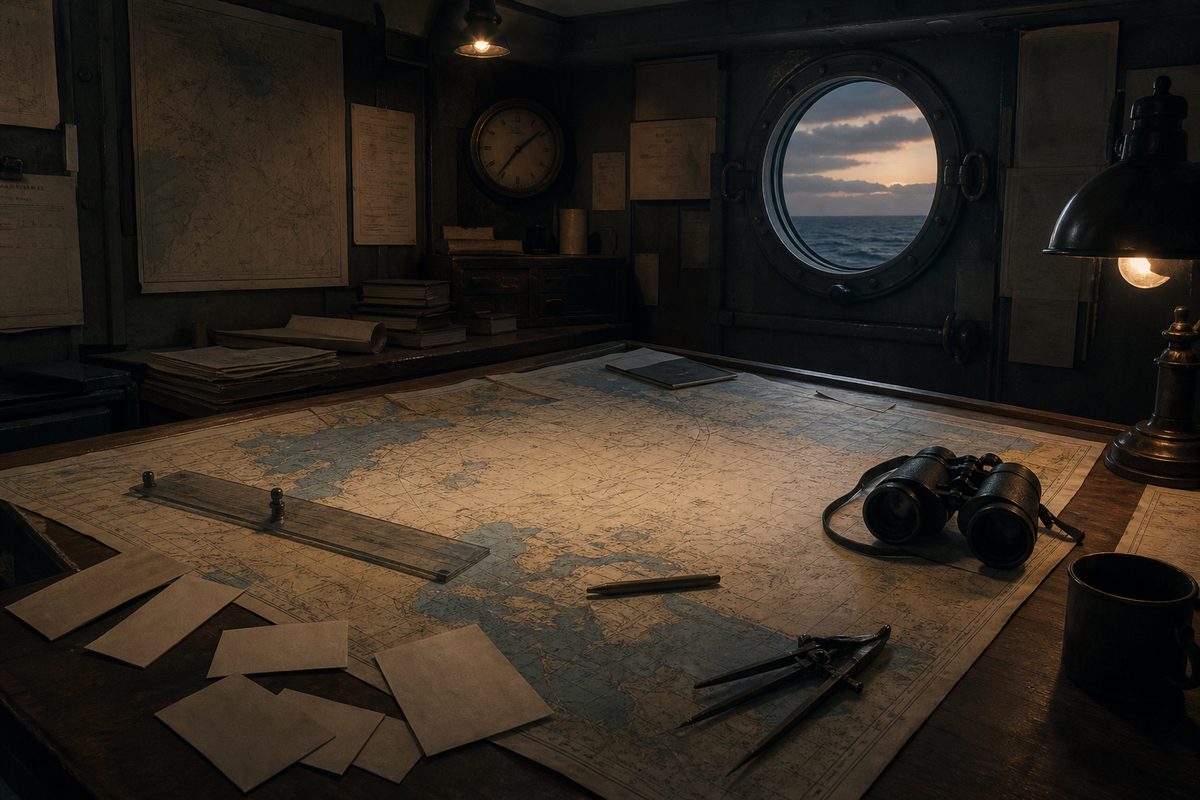 海図と航跡資料が残る無人の艦隊作戦室