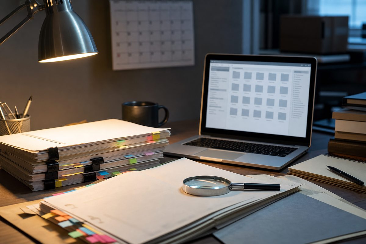 公開資料の年代と一致点を照合する調査机を描いた編集用イメージ