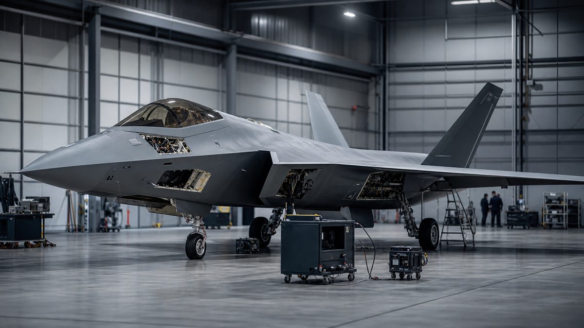 双発ステルス戦闘機を整備する格納庫を描いた編集用イメージ