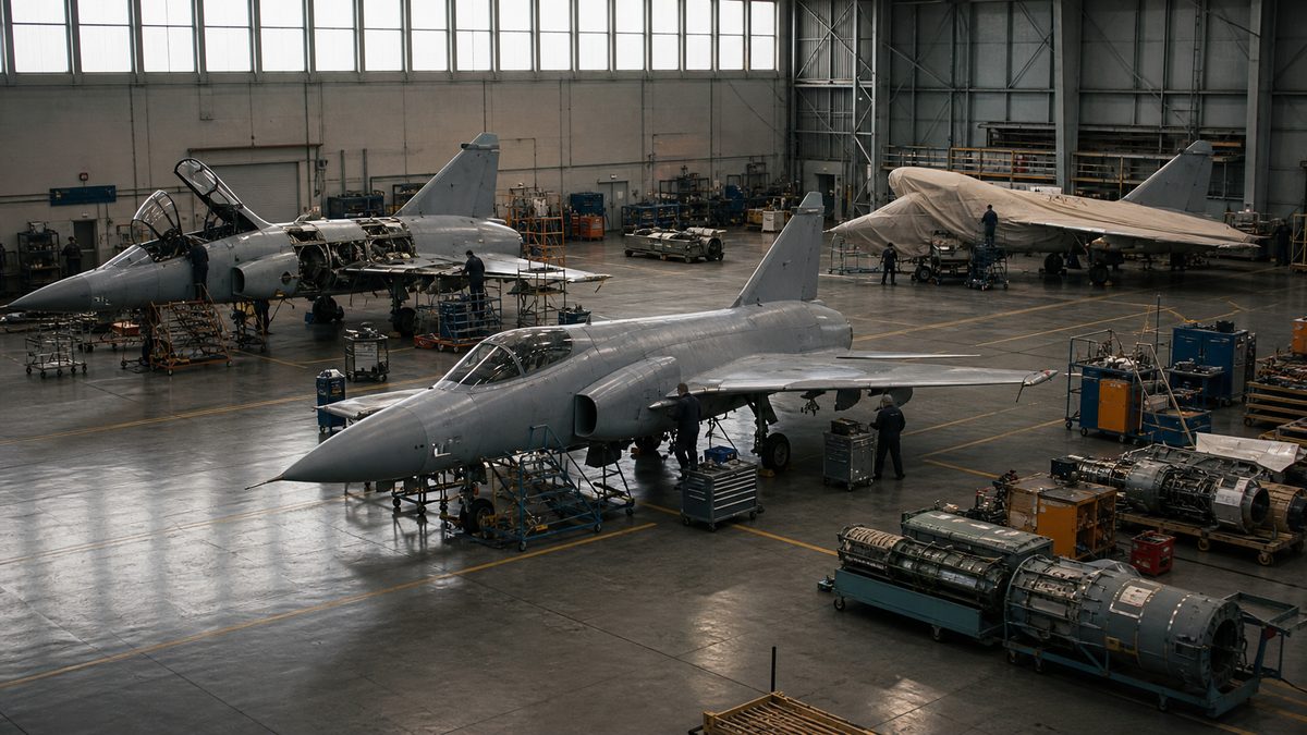 複数の戦闘機を点検する整備格納庫を描いた編集用イメージ