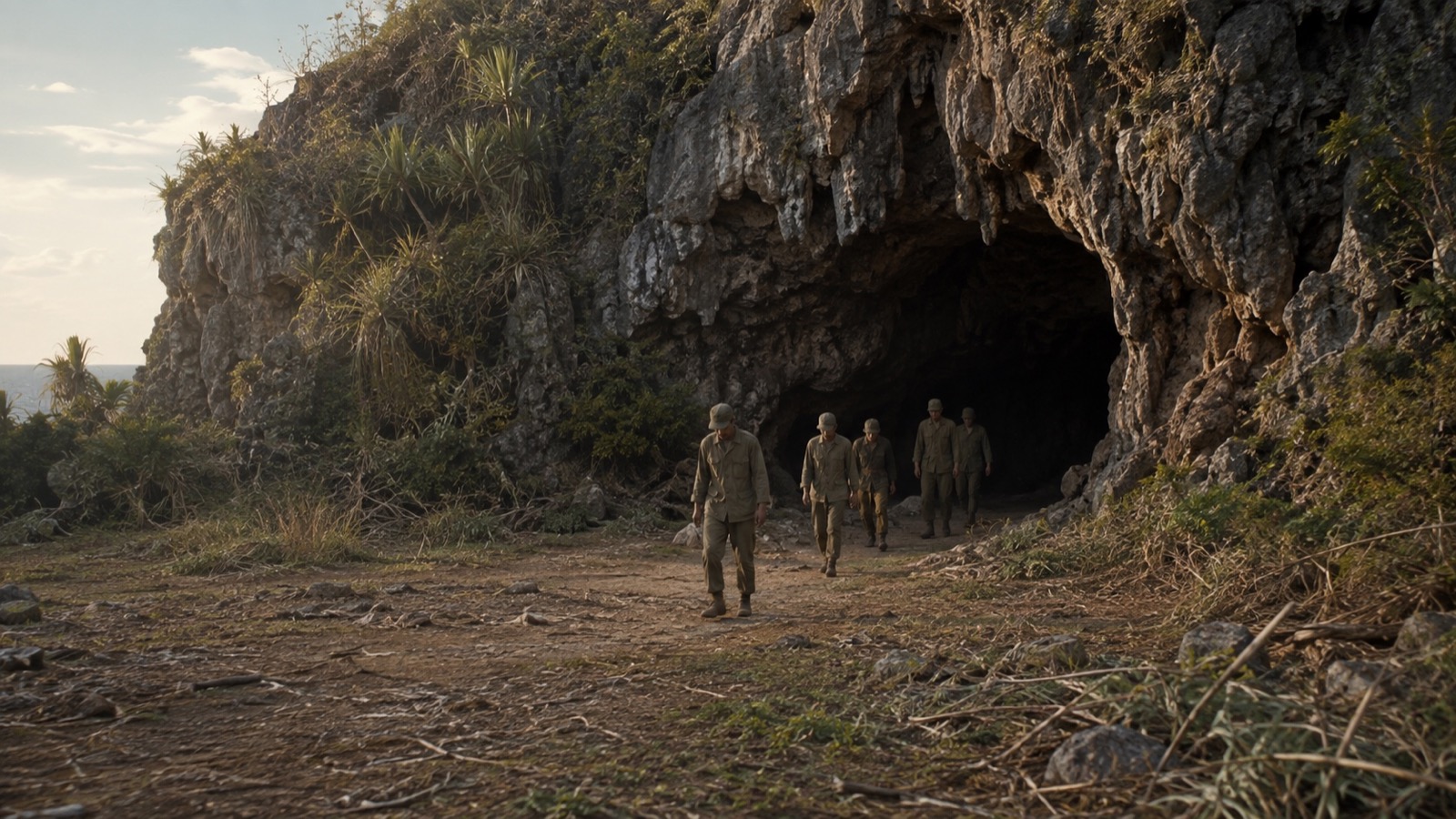 終戦を知らされた後にペリリュー島の洞窟から出る残存兵を表現した歴史ビジュアル