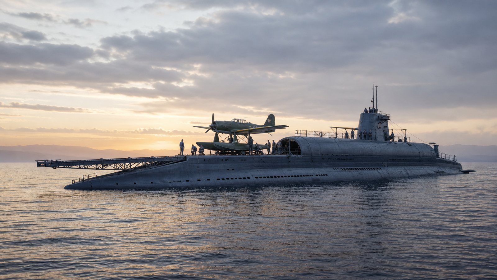 特殊攻撃機を搭載した伊400型潜水艦を表現した歴史ビジュアル