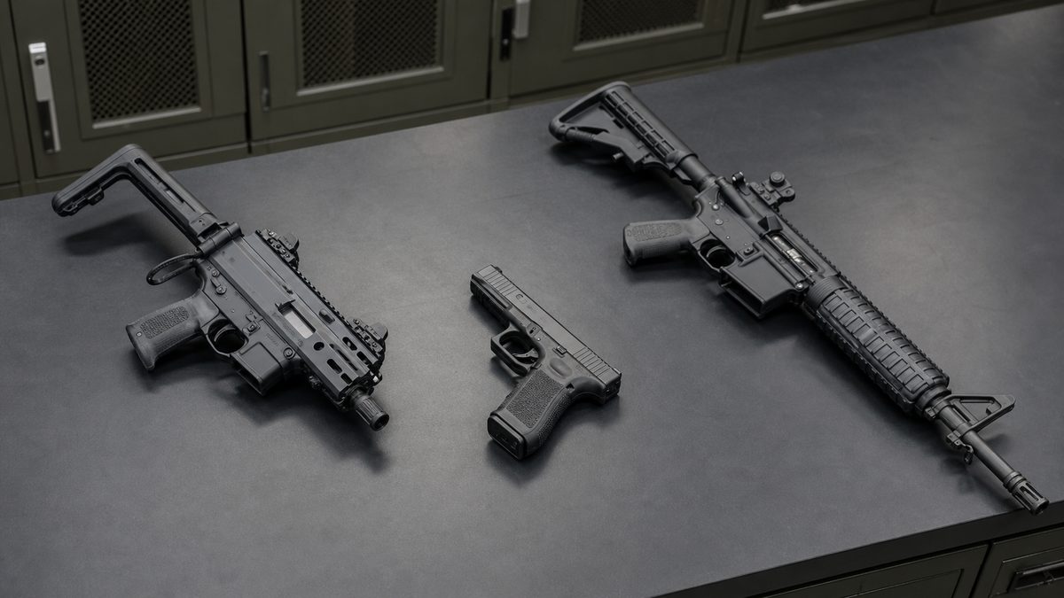 短機関銃と拳銃とカービンの大きさを並べた展示