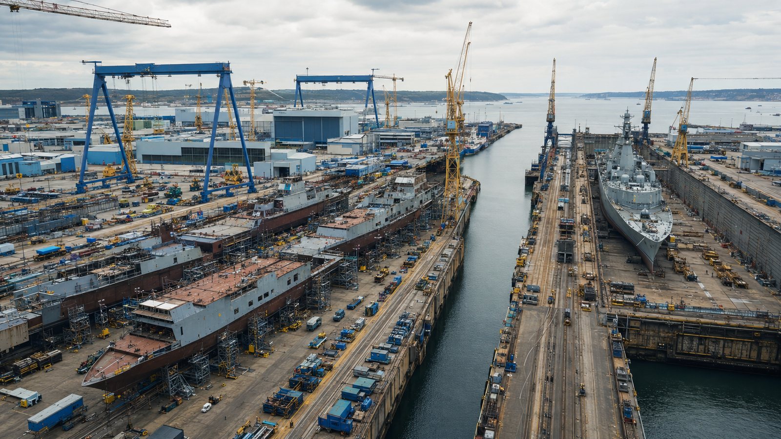 複数の艦体を並行建造する大型造船所と古い乾ドックを対比したビジュアル