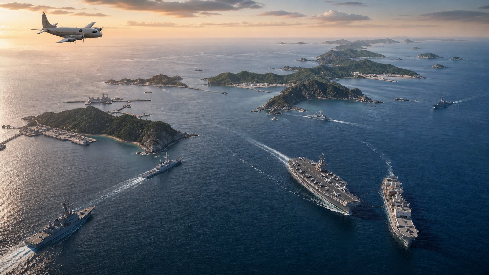 島嶼線周辺の海域で艦隊・基地・補給艦のつながりを表現した俯瞰ビジュアル
