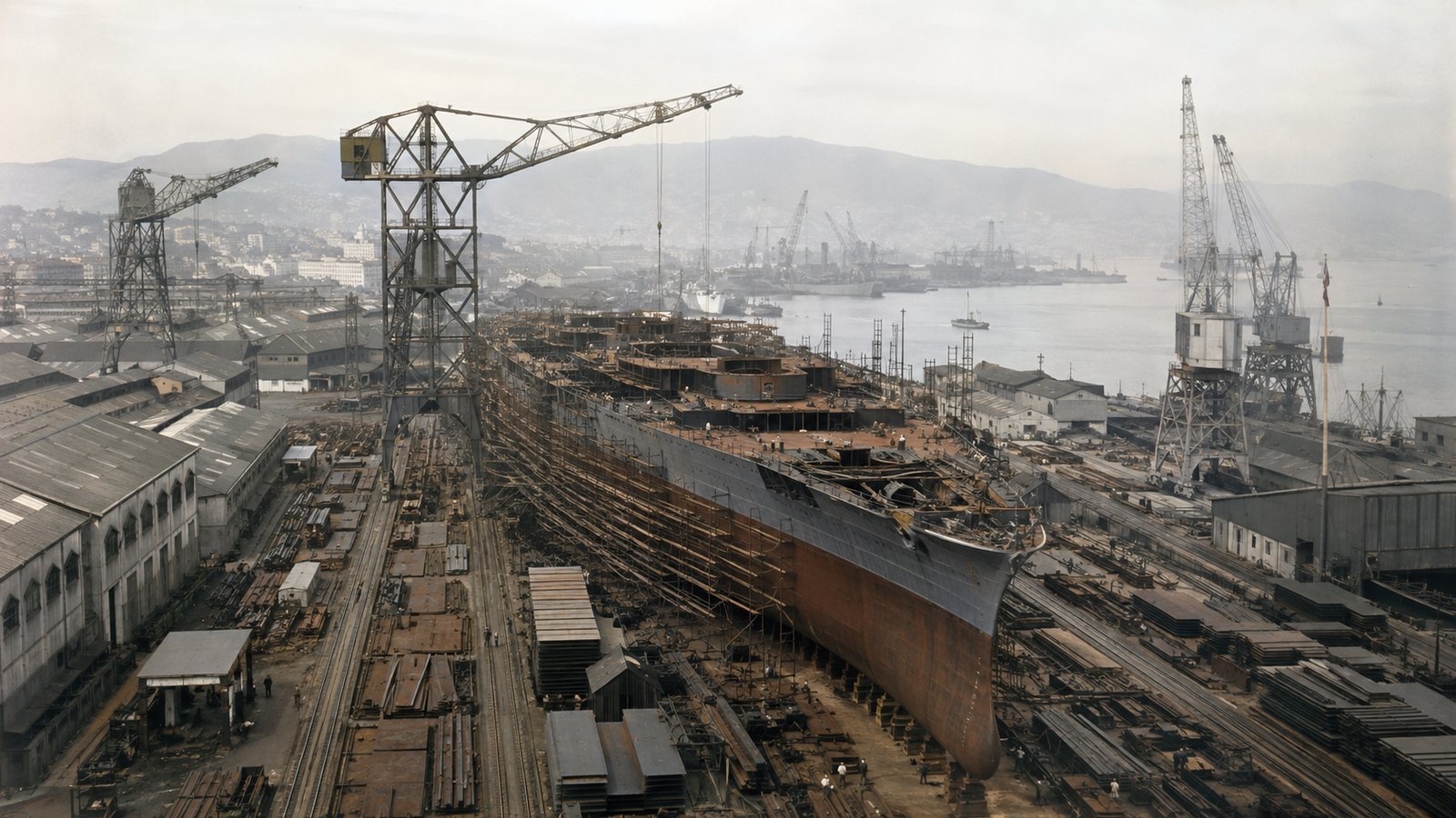 大型艦を建造する昭和期の海軍工廠と造船所を表現した歴史ビジュアル