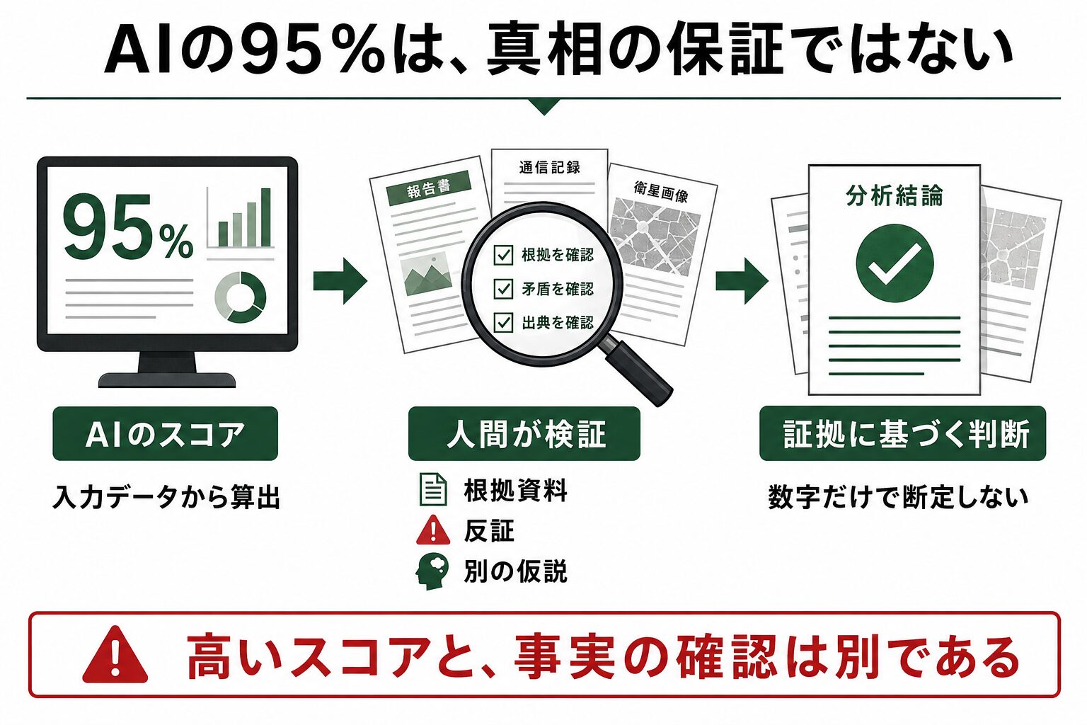 AIの95パーセントというスコアを根拠資料、反証、別の仮説で検証し証拠に基づく判断につなぐ図
