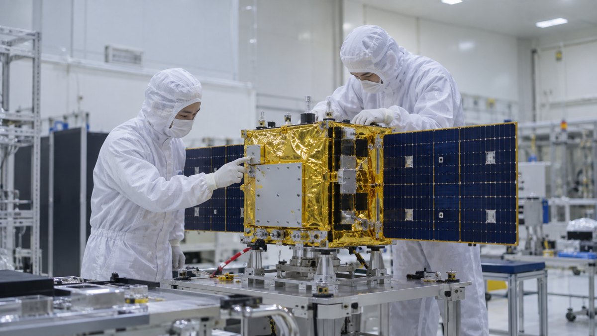 衛星を組み立てるクリーンルーム。