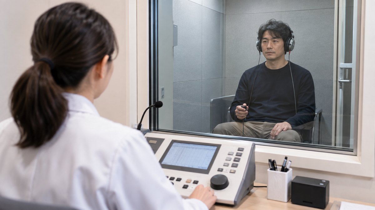 静かな検査室で行う聴力検査。