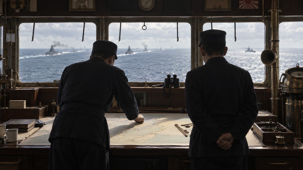 艦橋の地図台に立つ二人の海軍将校