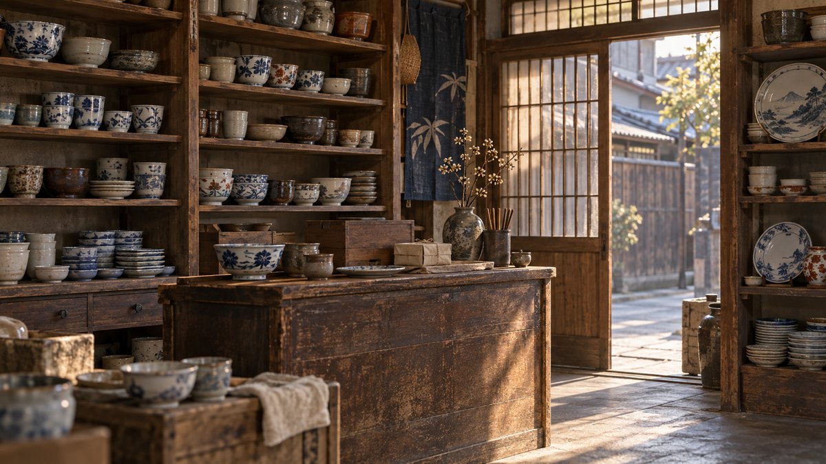 陶器が並ぶ小さな商店