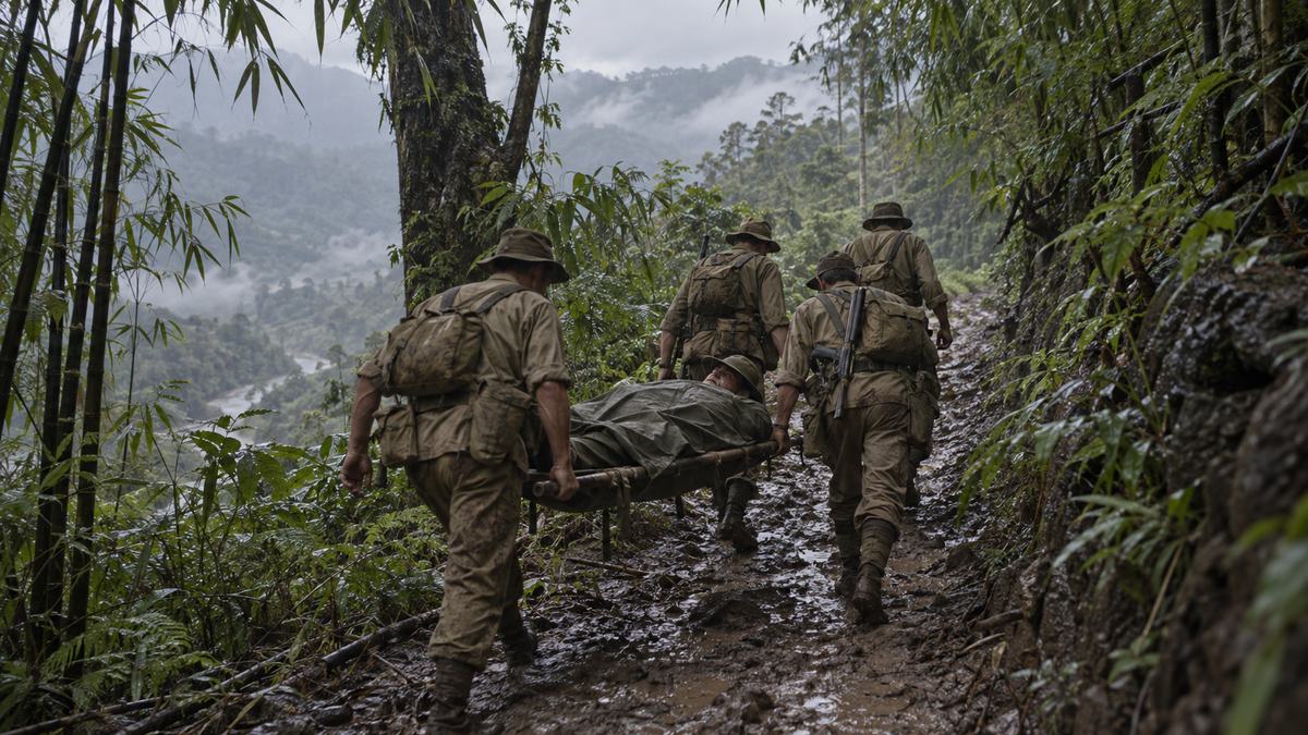雨にぬれた山道で担架を運ぶ兵士たち
