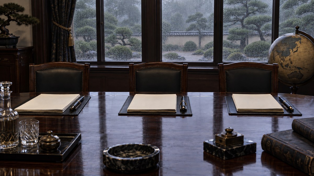 三つの椅子と外交文書を置いた会議机