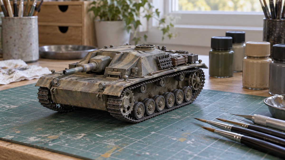 III号突撃砲を題材に、車体の低さや履帯の表情を楽しむ模型制作。