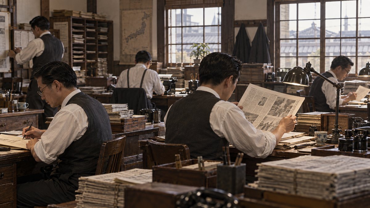 昭和期の新聞編集室で紙面を確認する人々