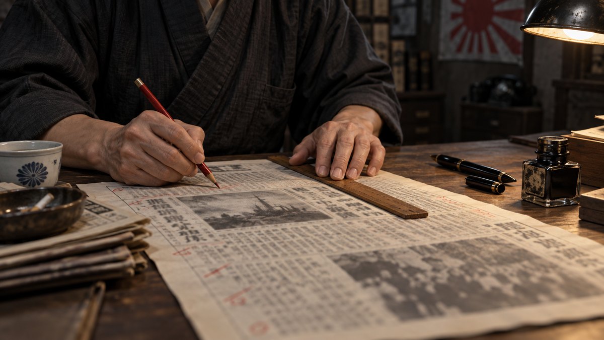 新聞の校正紙に赤鉛筆で印を付ける手元