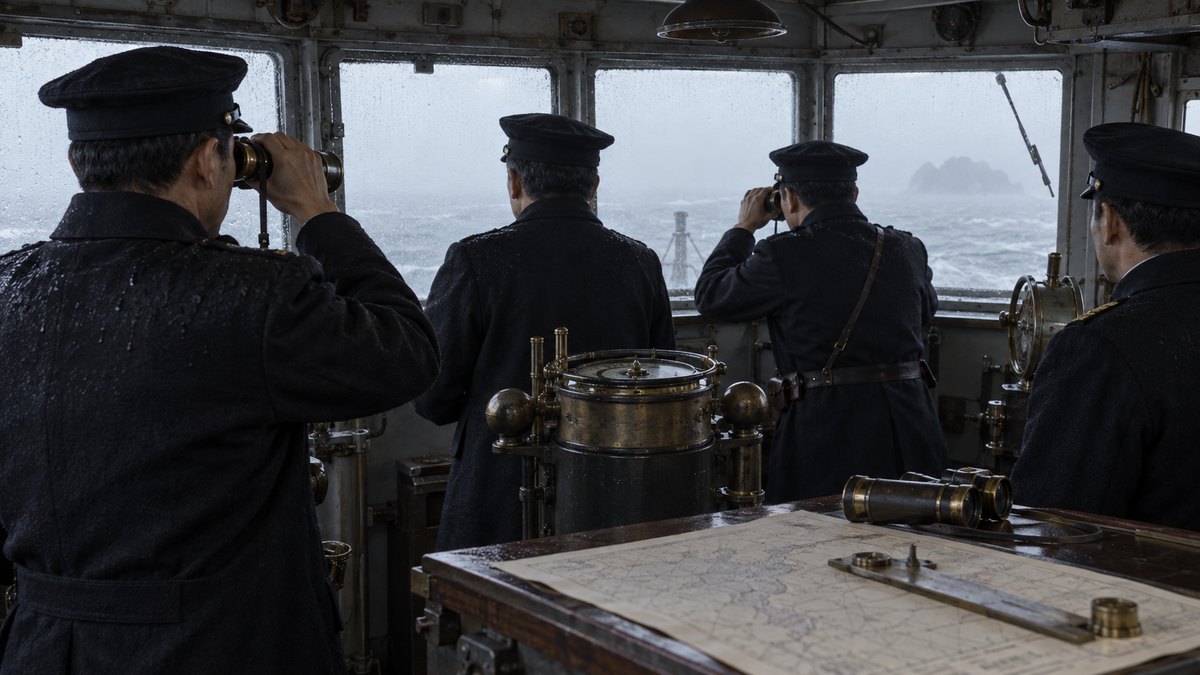 霧の海を見つめる艦橋の海軍士官たち