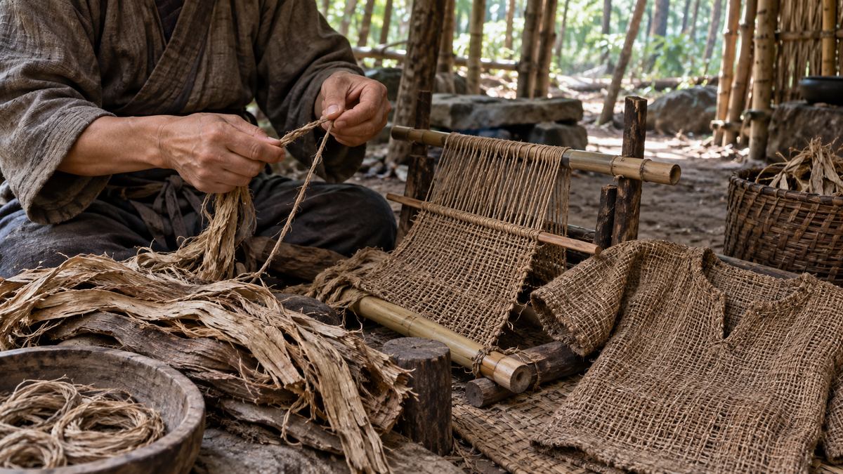植物の繊維をより、布を織る手元