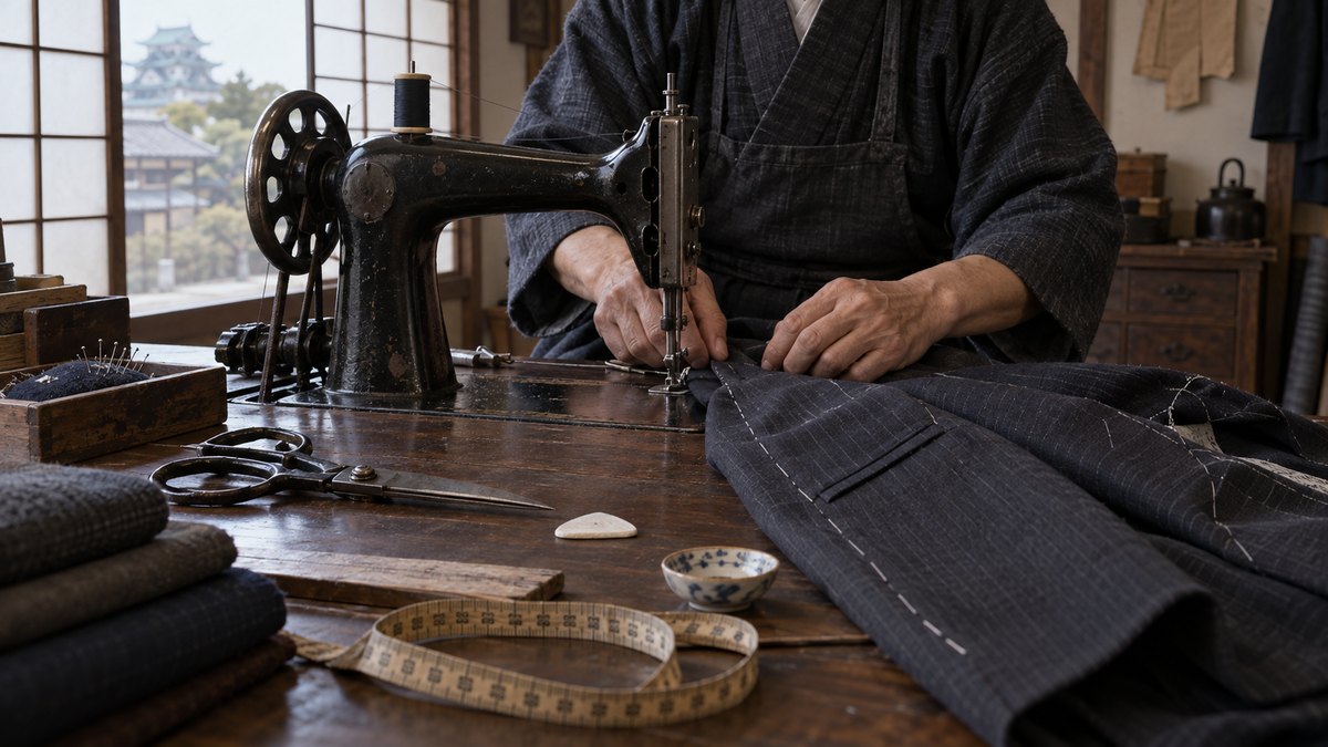 古いミシンで洋服を仕立てる職人の手元