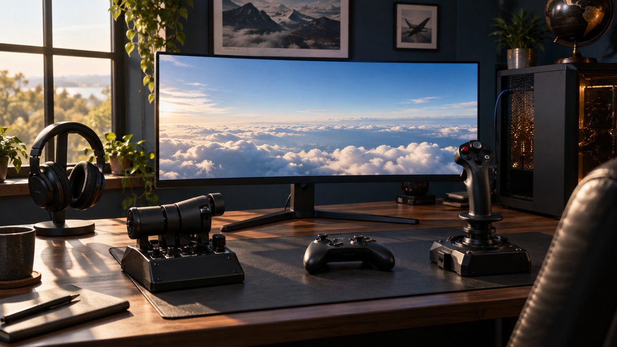 フライトスティックとヘッドセットを備えたゲーム用デスク