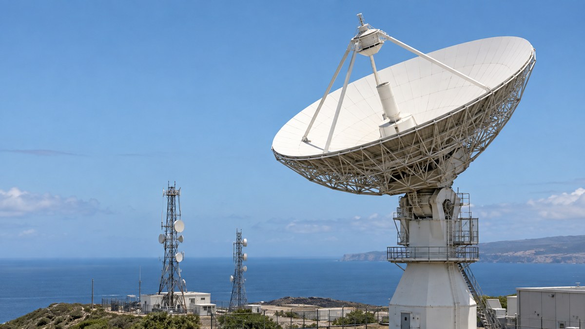 沿岸に設置された衛星通信アンテナ