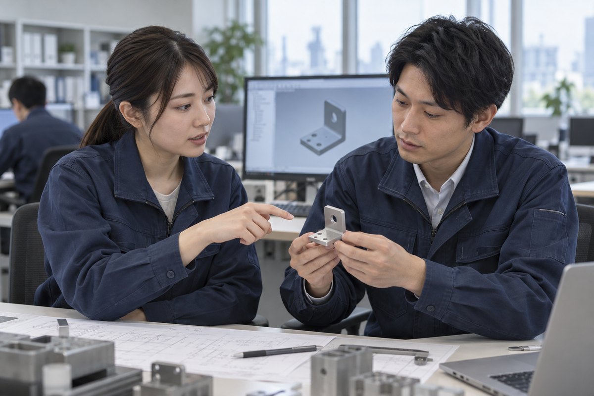 金属部品と設計モデルを確認する技術者