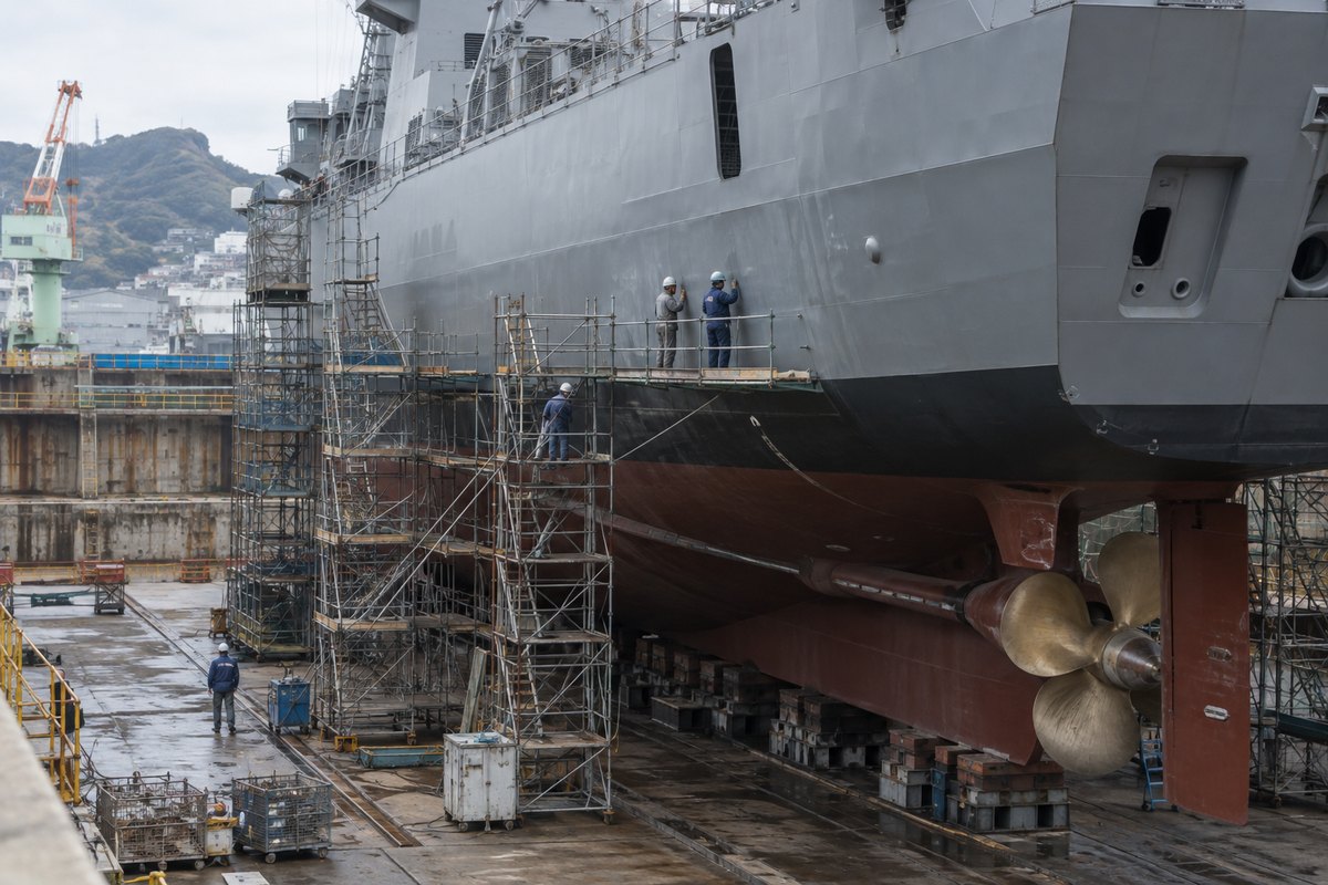 乾ドックで艦艇の船体を整備する作業員