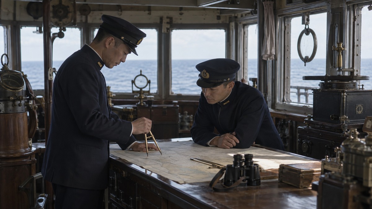 海図と双眼鏡を使う海軍士官たち