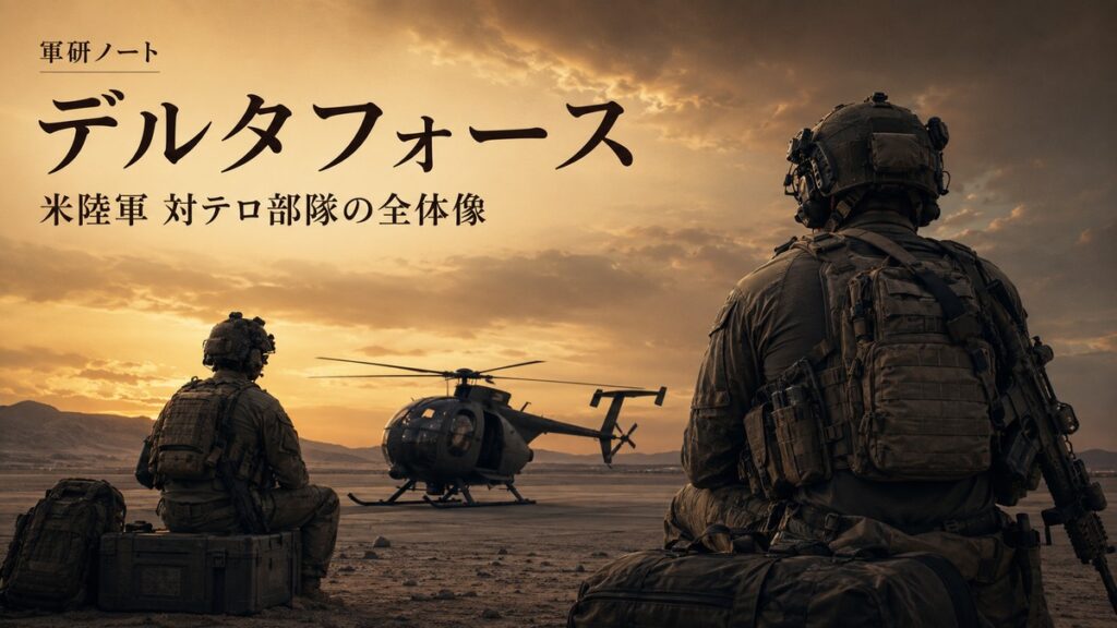 デルタフォースの記事表紙。ヘリのそばで待機する匿名の隊員を描いた扉絵