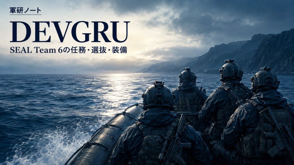 DEVGRUの記事表紙。海上を進む舟艇と匿名の隊員を描いた扉絵