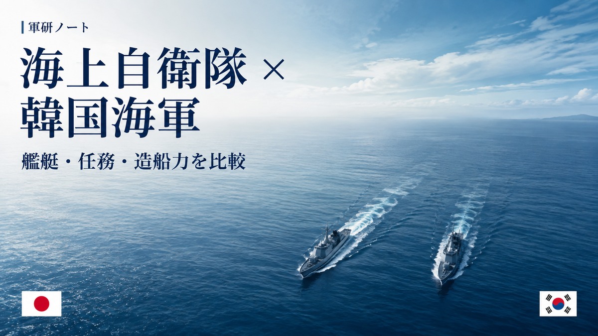海上自衛隊と韓国海軍の比較記事表紙。並航する艦艇の遠景を描いた扉絵