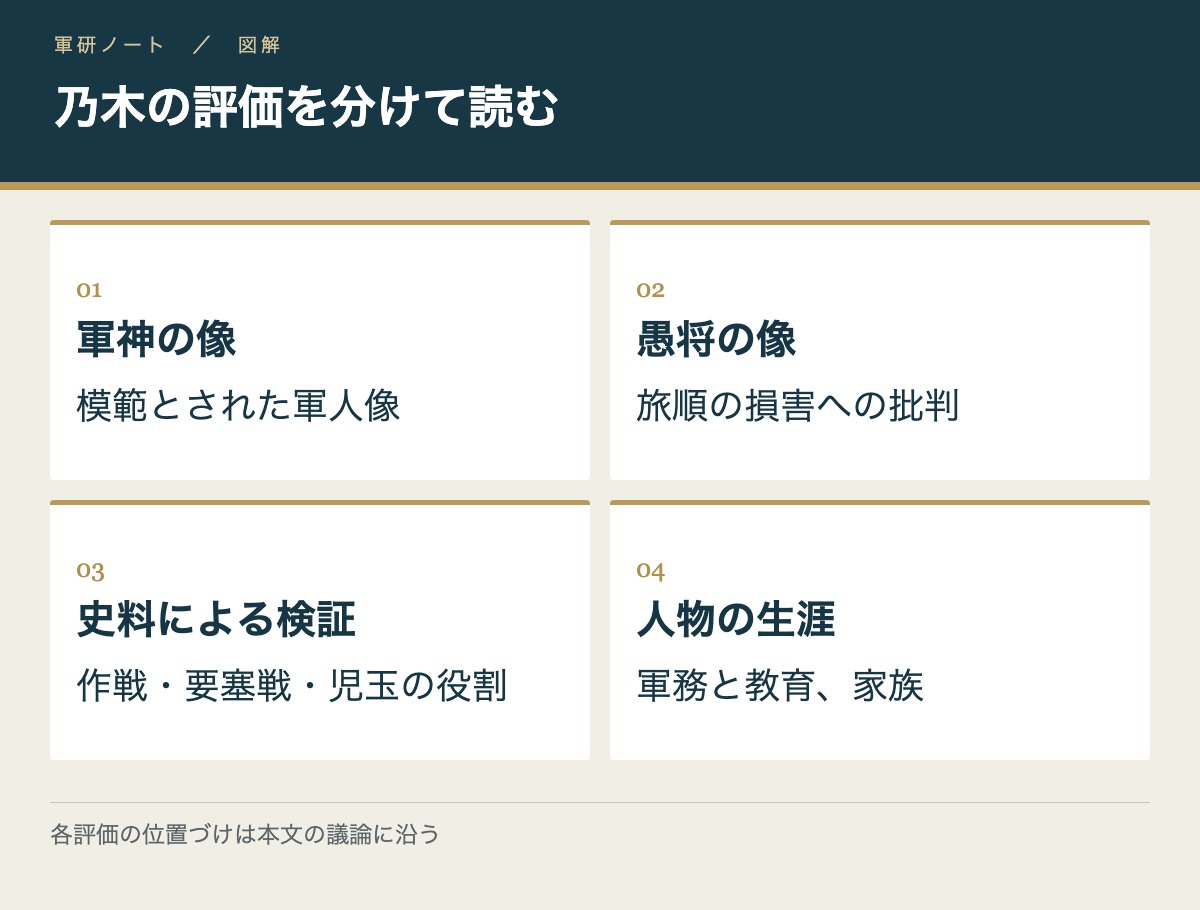 乃木の評価を分けて読む。軍神の像：模範とされた軍人像／愚将の像：旅順の損害への批判／史料による検証：作戦・要塞戦・児玉の役割／人物の生涯：軍務と教育、家族