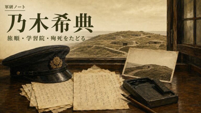 乃木希典の記事表紙。明治期の軍帽と書簡、低い要塞跡を題材にした扉絵
